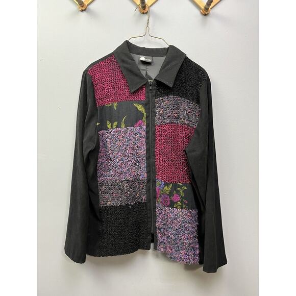 First Option Jacket Womens XL Floral‎ Patchwork Black Cotton Blend Vintage Artsy - Picture 1 of 6